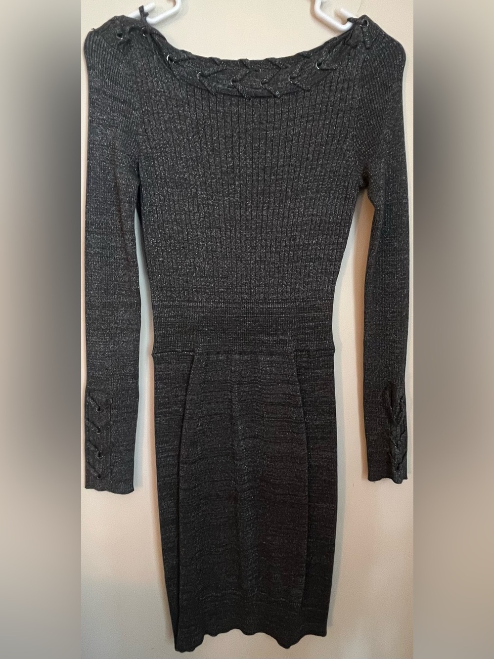 Vintage Caché Metallic Ribbed Knit Grommet Lace Up Sweater Dress Gray - Small
